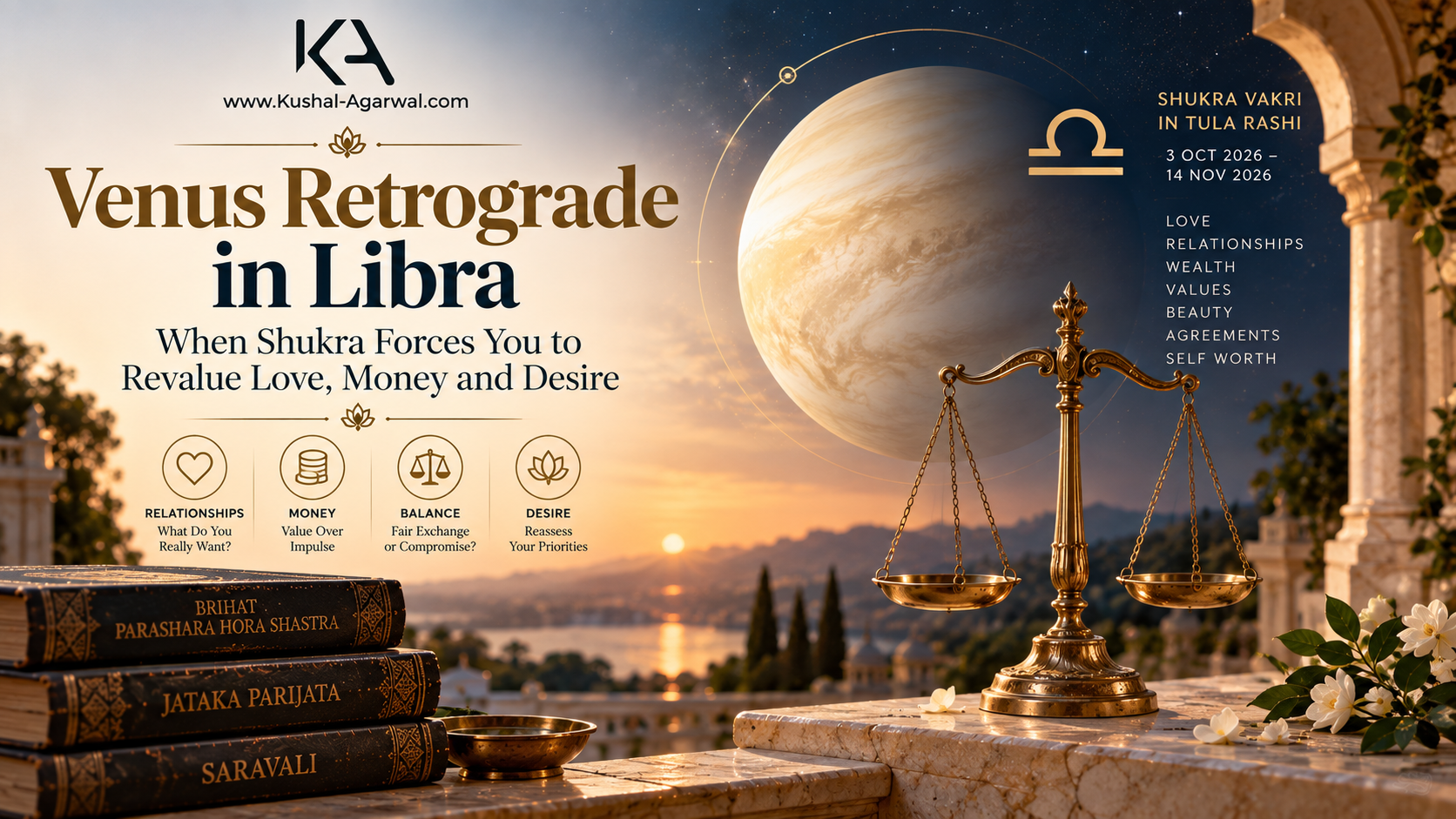 Venus retrograde in Libra 2026 represented through Vedic astrology symbols, scales and planetary imagery