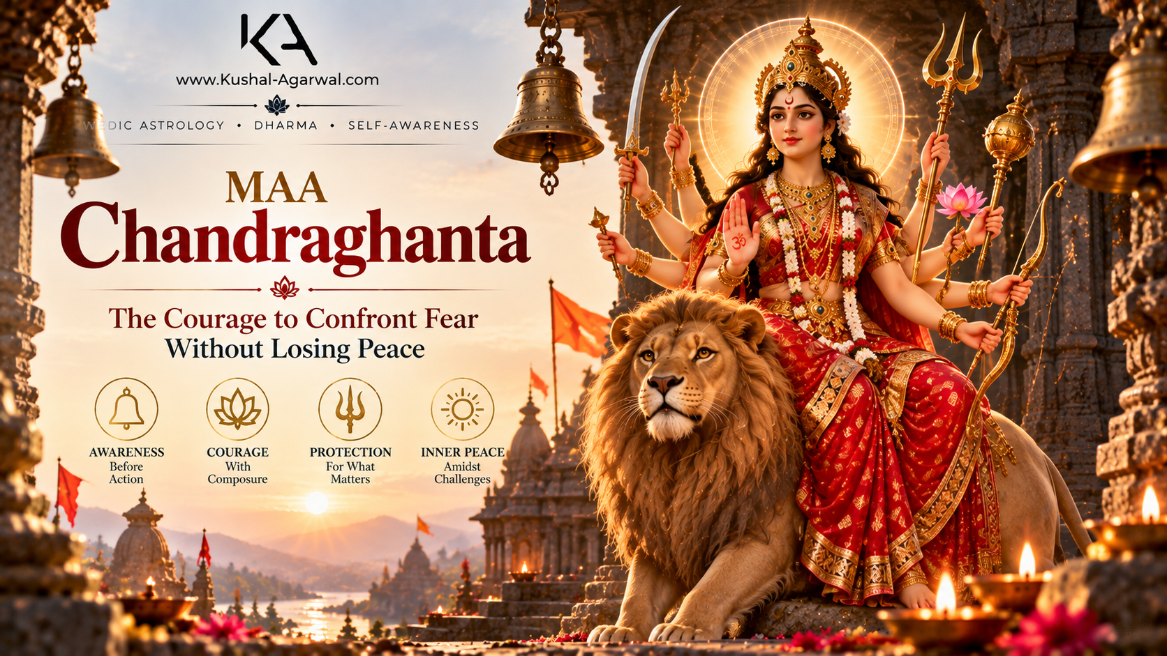 Maa Chandraghanta seated on a lion with a crescent-shaped bell on her forehead, holding divine weapons and a lotus, symbolising courage, vigilance and protection.