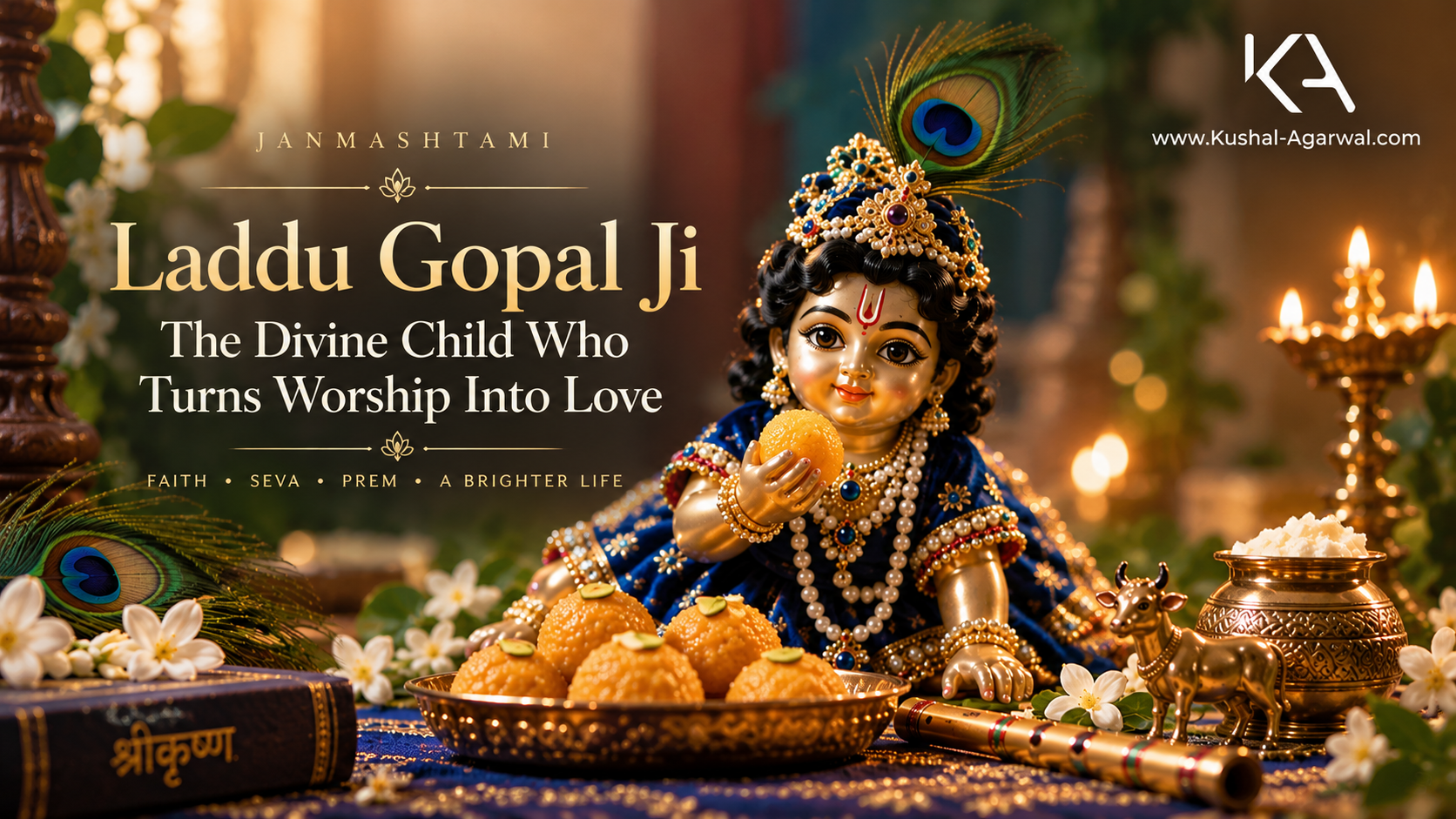 Laddu Gopal Ji, the divine child form of Shri Krishna, beautifully adorned during Janmashtami