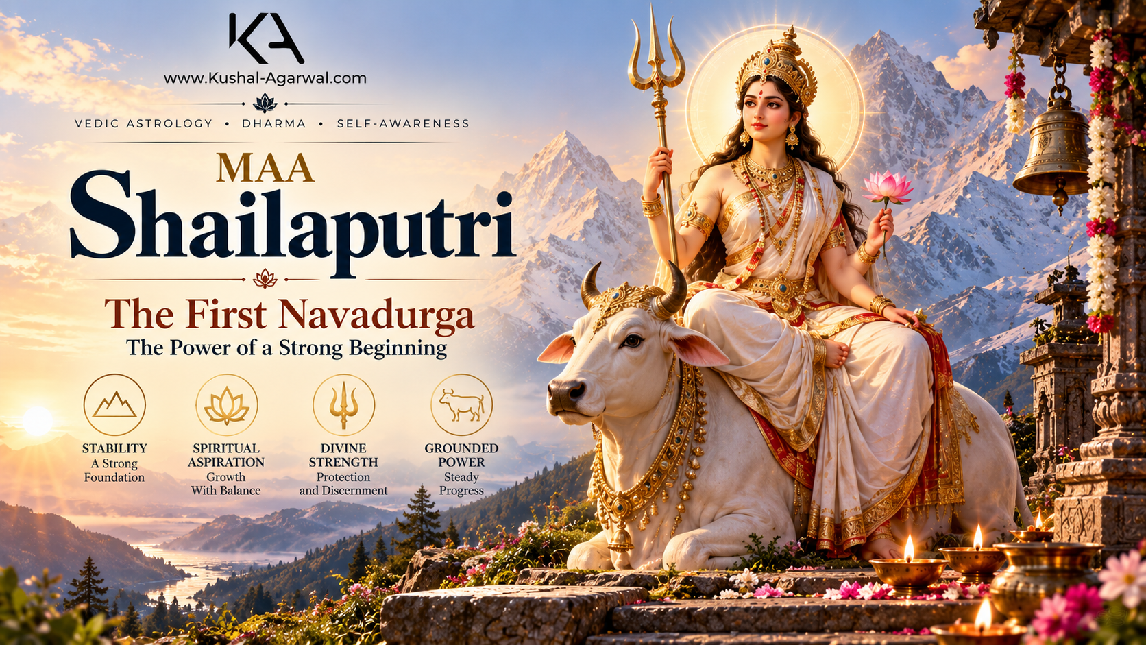 Maa Shailaputri seated on the white bull Nandi, holding a trident and lotus against a Himalayan mountain landscape at dawn.