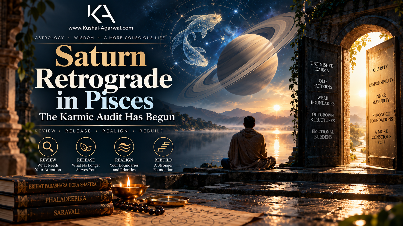 Saturn retrograde in Pisces representing karma, responsibility, boundaries, spiritual maturity and karmic review