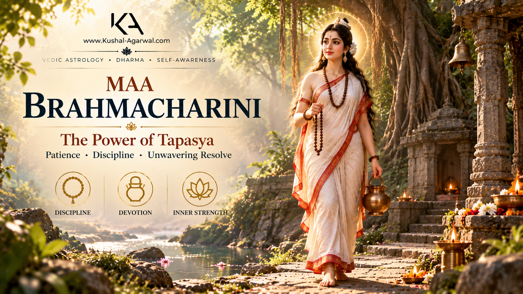 Maa Brahmacharini walking barefoot in the Himalayas, holding a japamala and kamandalu, symbolising tapasya, devotion, patience and spiritual discipline.