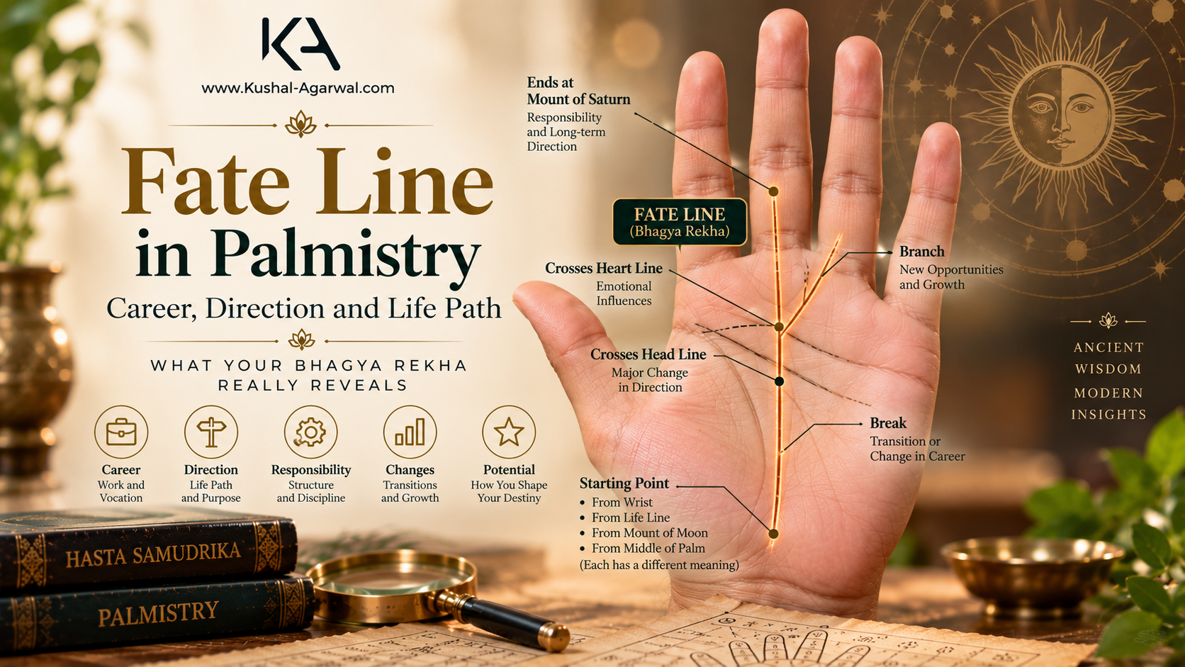 Fate Line or Bhagya Rekha in palmistry showing career direction, life path and major variations