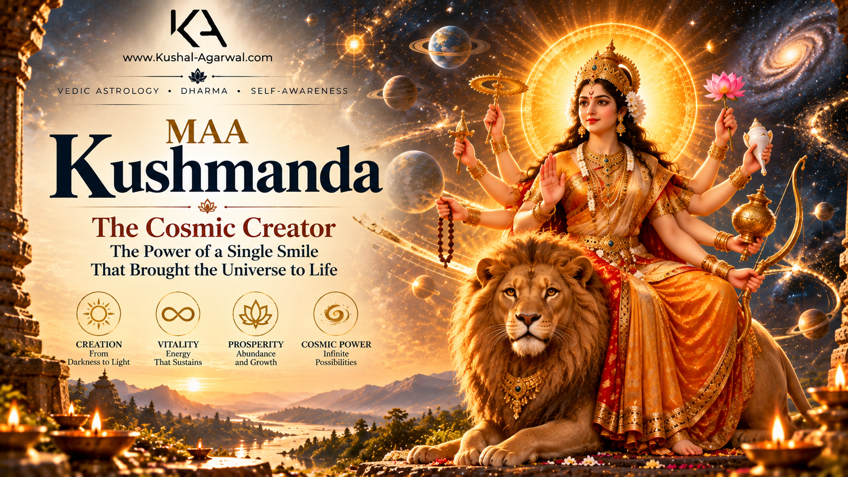 Maa Kushmanda seated on a lion with eight arms holding divine attributes, surrounded by a radiant golden cosmic aura symbolising creation and the power of Shakti.