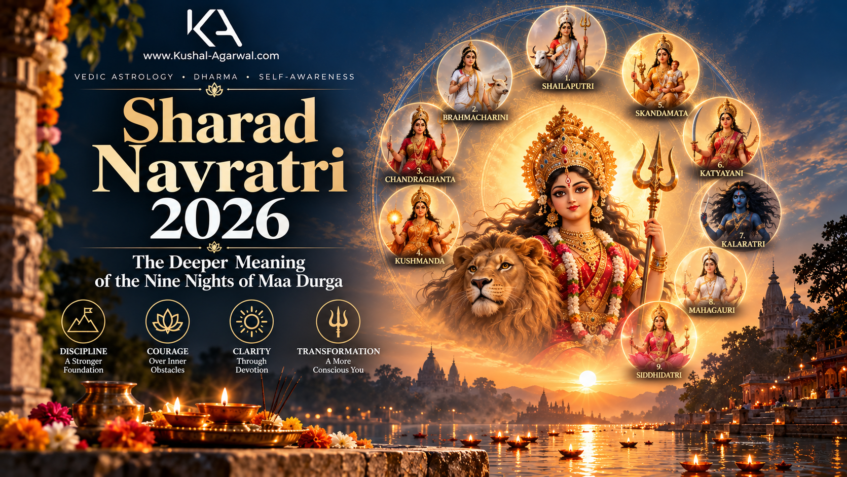 Maa Durga surrounded by nine symbolic forms during Sharad Navratri 2026, representing devotion, spiritual discipline and the victory of dharma.