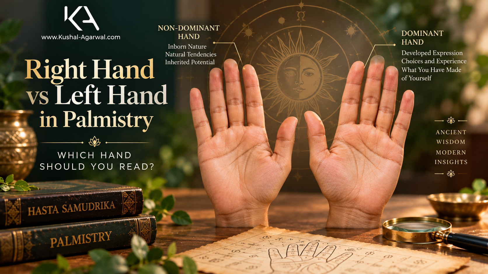 Right and left palms compared in palmistry showing dominant and non-dominant hand meanings